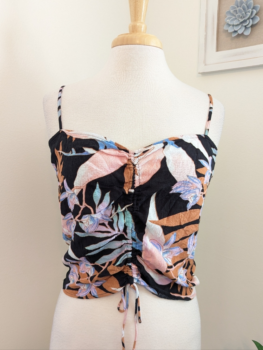 Billabong Tropical Floral Multicolor Ruched Drawstring Tank Top Large